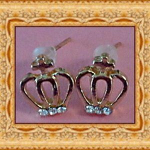 Gold Tone Crown With Cross Design Stud Earrings With Clear Crystals For Girls